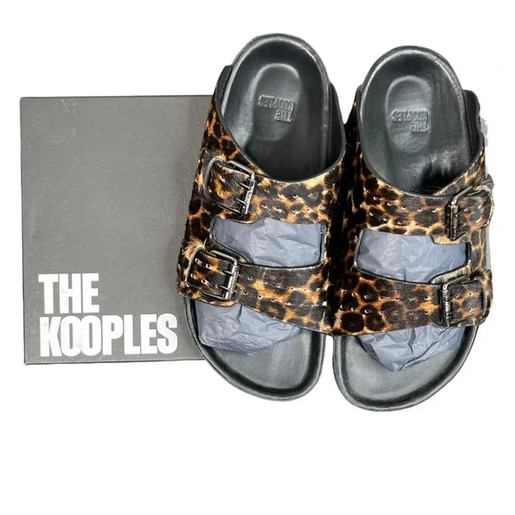 NIB The Kooples Leo Poulain Leather Animal Print Double Strap Sandal Size EU38 - Picture 1 of 12